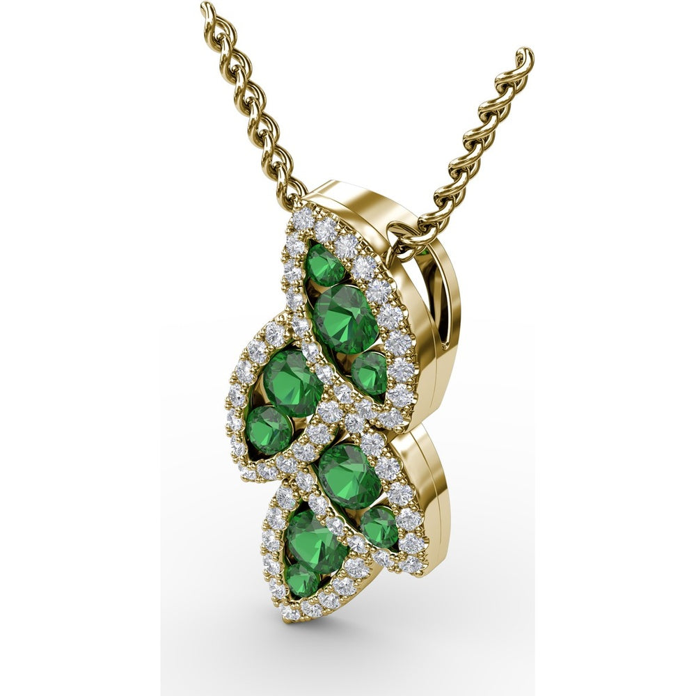 Leaf Motif Pendant with Pavé Diamonds and Round Emeralds by Fana - 0.76 Carat Total Gemstone Weight
