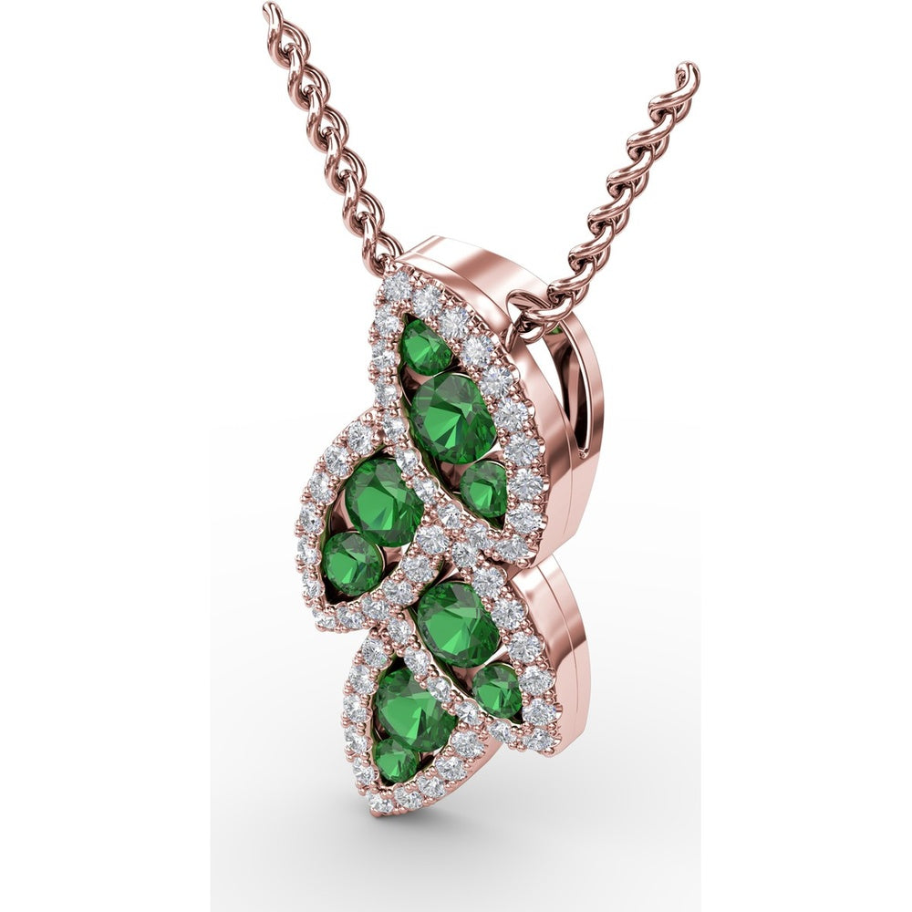 Leaf Motif Pendant with Pavé Diamonds and Round Emeralds by Fana - 0.76 Carat Total Gemstone Weight