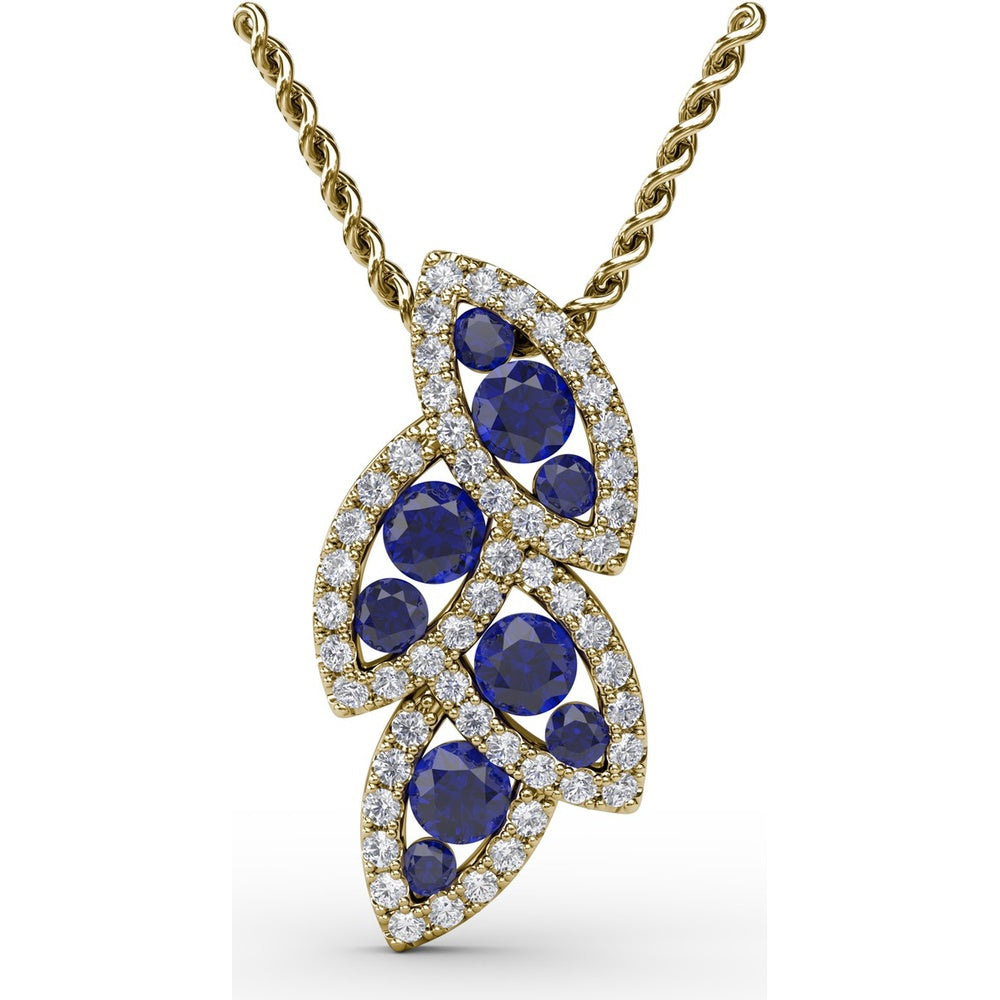 Leaf Motif Pendant with Round Blue Sapphires and Pavé Diamonds by Fana - 0.82 Carat Total Gemstone Weight