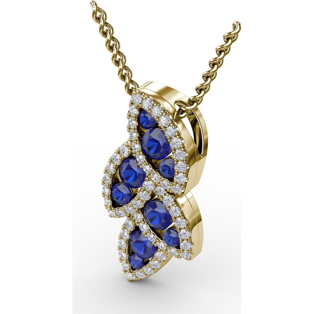 Leaf Motif Pendant with Round Blue Sapphires and Pavé Diamonds by Fana - 0.82 Carat Total Gemstone Weight