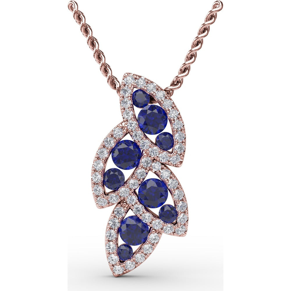 Leaf Motif Pendant with Round Blue Sapphires and Pavé Diamonds by Fana - 0.82 Carat Total Gemstone Weight