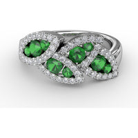 Leaf Motif Ring with Round Emeralds and Pavé Diamond Halo by Fana - 0.93 Carat Total Gemstone Weight