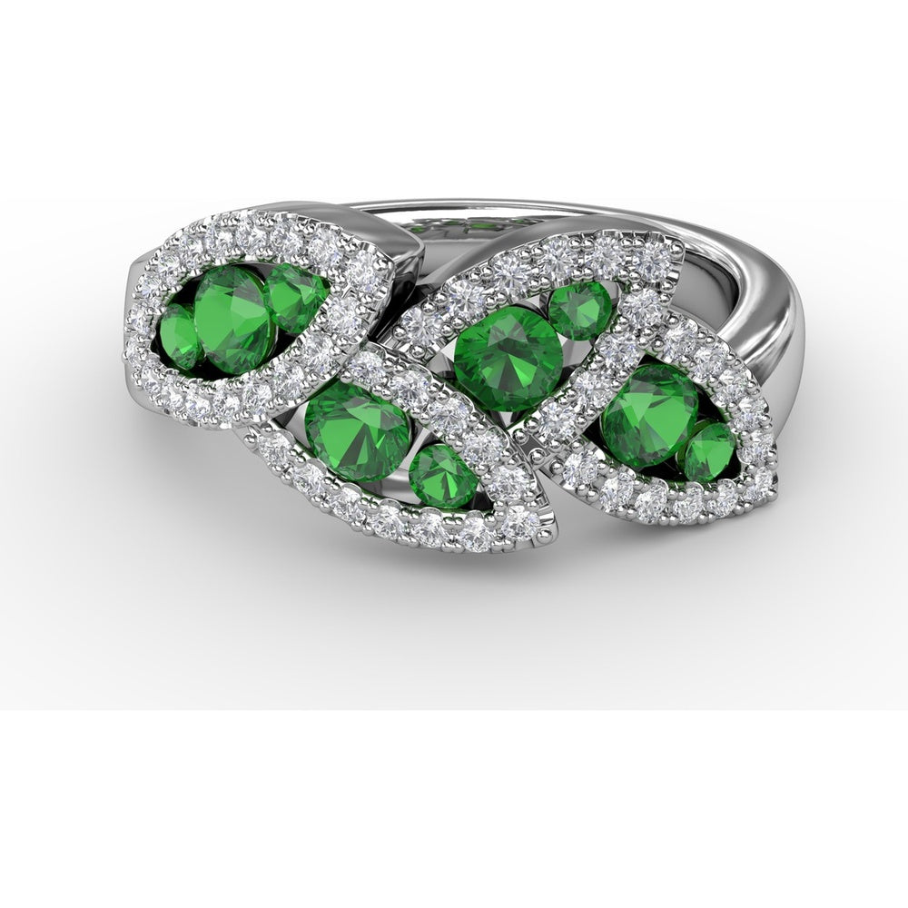Leaf Motif Ring with Round Emeralds and Pavé Diamond Halo by Fana - 0.93 Carat Total Gemstone Weight