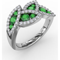 Leaf Motif Ring with Round Emeralds and Pavé Diamond Halo by Fana - 0.93 Carat Total Gemstone Weight