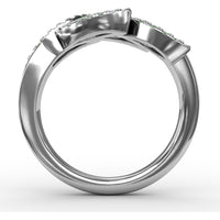 Leaf Motif Ring with Round Emeralds and Pavé Diamond Halo by Fana - 0.93 Carat Total Gemstone Weight