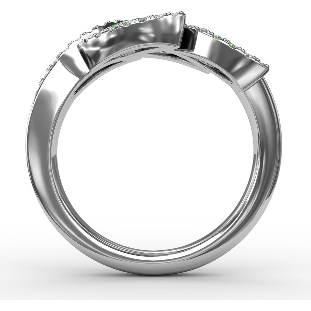 Leaf Motif Ring with Round Emeralds and Pavé Diamond Halo by Fana - 0.93 Carat Total Gemstone Weight