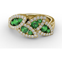 Leaf Motif Ring with Round Emeralds and Pavé Diamond Halo by Fana - 0.93 Carat Total Gemstone Weight