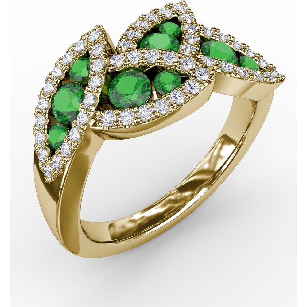 Leaf Motif Ring with Round Emeralds and Pavé Diamond Halo by Fana - 0.93 Carat Total Gemstone Weight