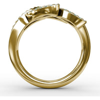 Leaf Motif Ring with Round Emeralds and Pavé Diamond Halo by Fana - 0.93 Carat Total Gemstone Weight