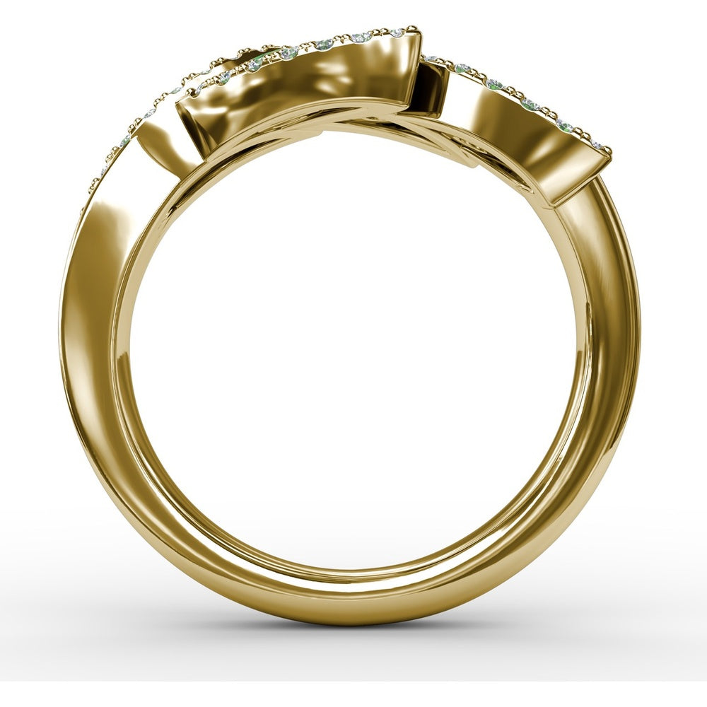 Leaf Motif Ring with Round Emeralds and Pavé Diamond Halo by Fana - 0.93 Carat Total Gemstone Weight