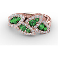Leaf Motif Ring with Round Emeralds and Pavé Diamond Halo by Fana - 0.93 Carat Total Gemstone Weight