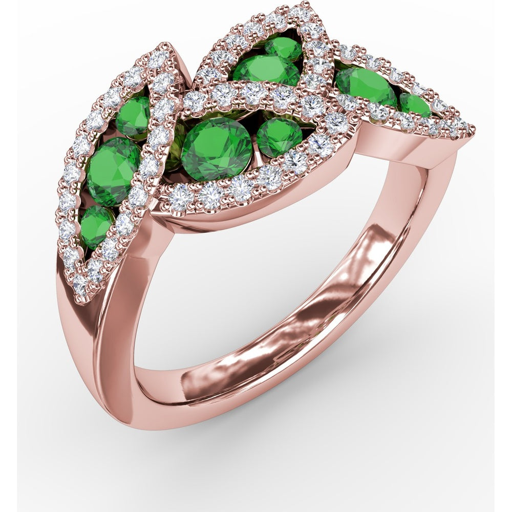 Leaf Motif Ring with Round Emeralds and Pavé Diamond Halo by Fana - 0.93 Carat Total Gemstone Weight
