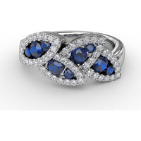 Leaf Motif Ring with Round Sapphires and Pavé Diamonds by Fana - 1.14 Carat Total Gemstone Weight