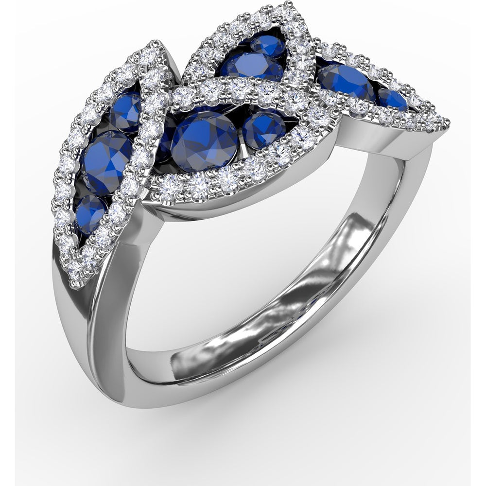 Leaf Motif Ring with Round Sapphires and Pavé Diamonds by Fana - 1.14 Carat Total Gemstone Weight