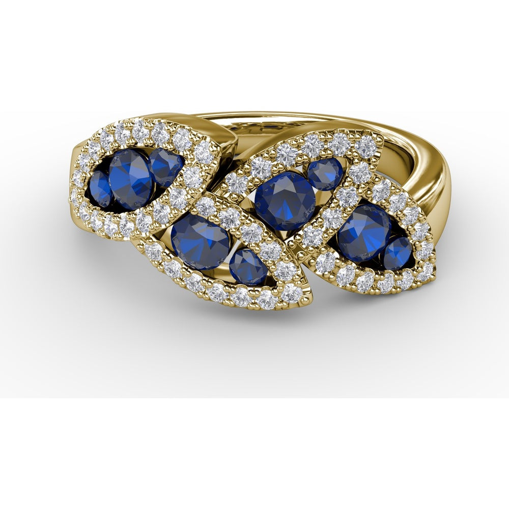 Leaf Motif Ring with Round Sapphires and Pavé Diamonds by Fana - 1.14 Carat Total Gemstone Weight