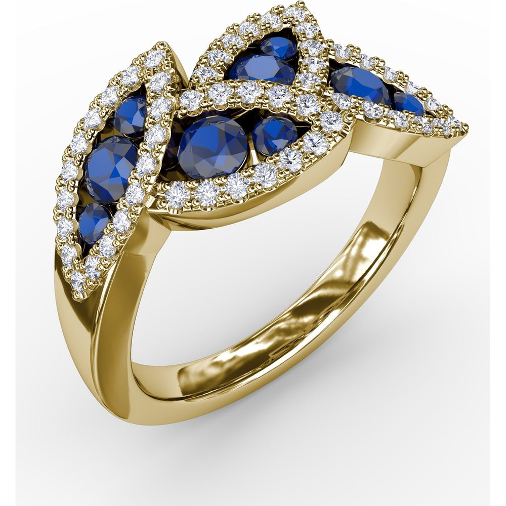 Leaf Motif Ring with Round Sapphires and Pavé Diamonds by Fana - 1.14 Carat Total Gemstone Weight