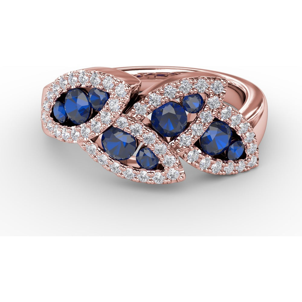 Leaf Motif Ring with Round Sapphires and Pavé Diamonds by Fana - 1.14 Carat Total Gemstone Weight