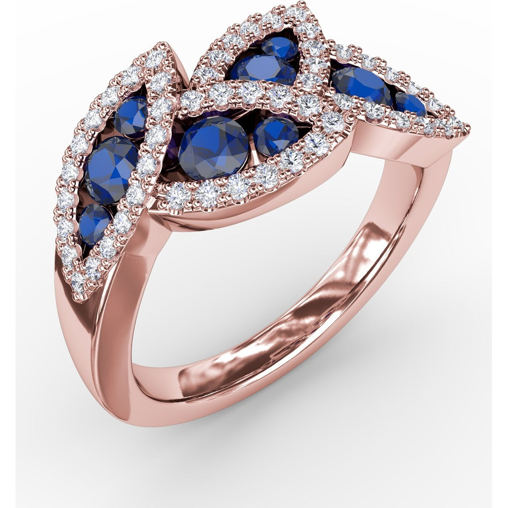 Leaf Motif Ring with Round Sapphires and Pavé Diamonds by Fana - 1.14 Carat Total Gemstone Weight