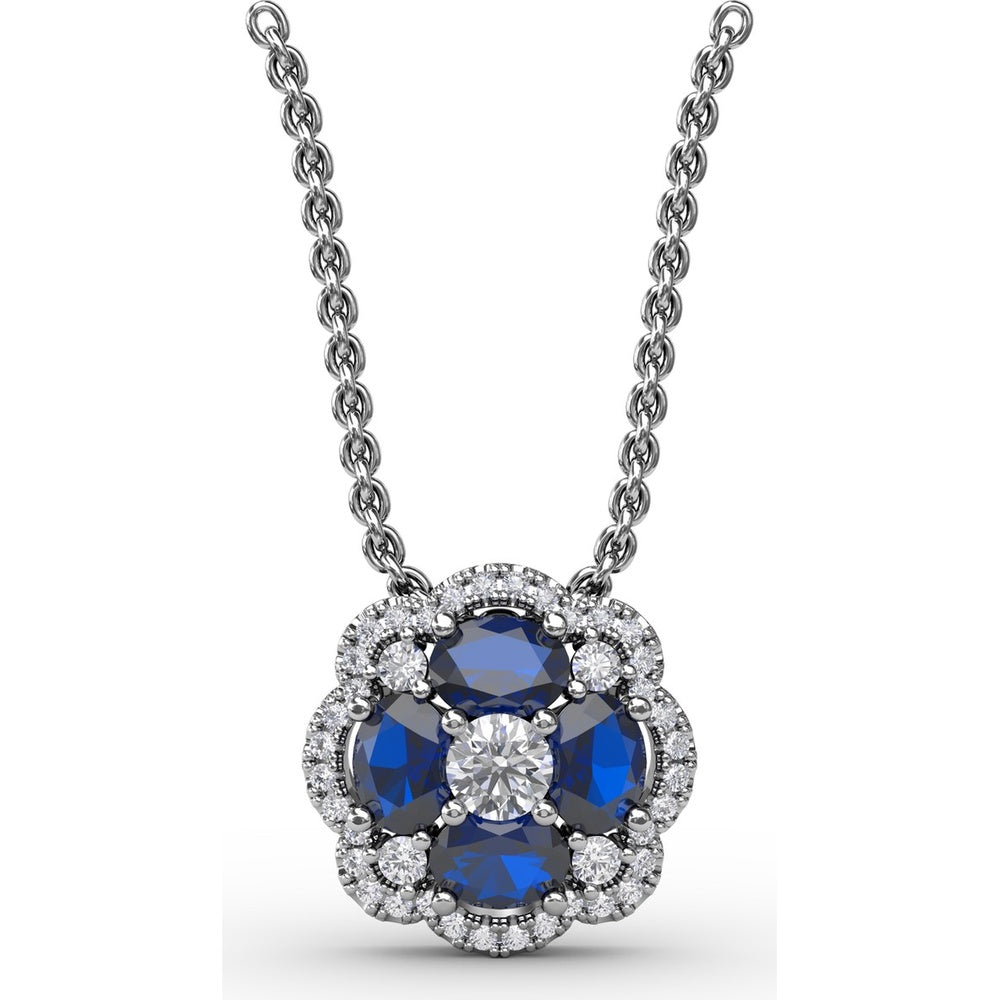 Love in Bloom Floral Pendant with Round Sapphire Cluster and Diamond Halo by Fana - 1.25 Carat Total Gemstone Weight