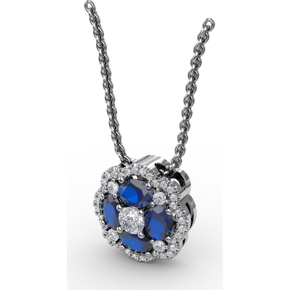 Love in Bloom Floral Pendant with Round Sapphire Cluster and Diamond Halo by Fana - 1.25 Carat Total Gemstone Weight