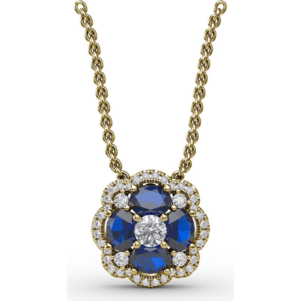 Love in Bloom Floral Pendant with Round Sapphire Cluster and Diamond Halo by Fana - 1.25 Carat Total Gemstone Weight