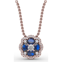 Love in Bloom Floral Pendant with Round Sapphire Cluster and Diamond Halo by Fana - 1.25 Carat Total Gemstone Weight