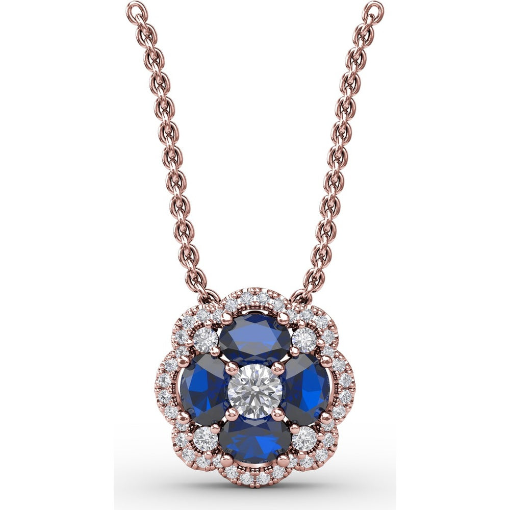 Love in Bloom Floral Pendant with Round Sapphire Cluster and Diamond Halo by Fana - 1.25 Carat Total Gemstone Weight