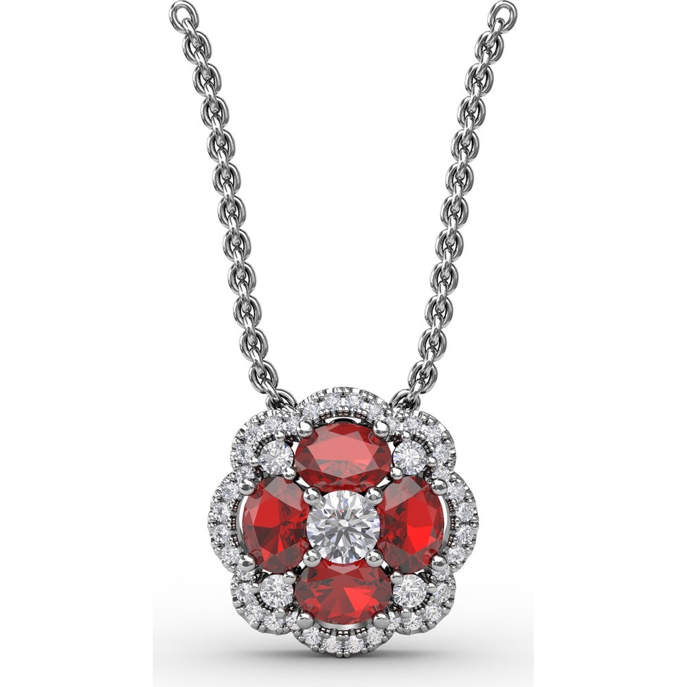 Love in Bloom Pendant with Round Ruby Cluster and Pavé Diamond Halo by Fana - 1.25 Carat Total Gemstone Weight