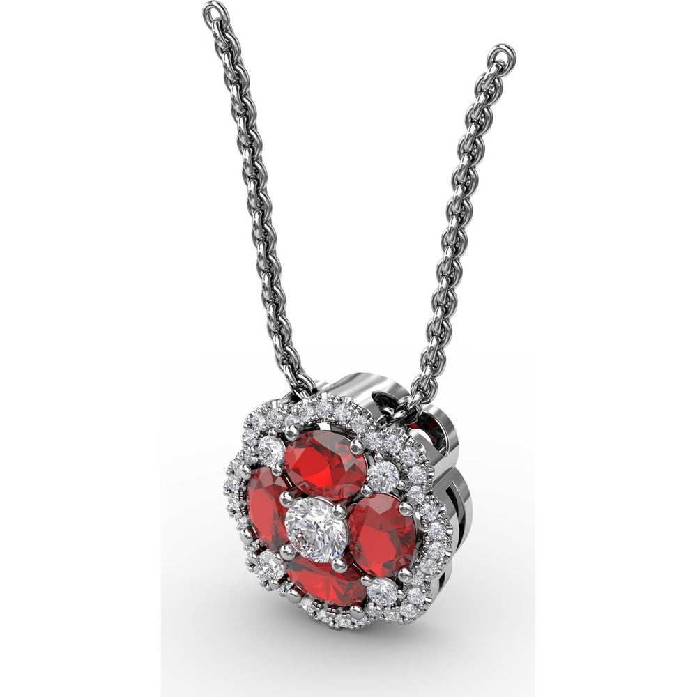 Love in Bloom Pendant with Round Ruby Cluster and Pavé Diamond Halo by Fana - 1.25 Carat Total Gemstone Weight