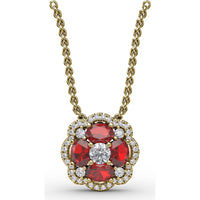 Love in Bloom Pendant with Round Ruby Cluster and Pavé Diamond Halo by Fana - 1.25 Carat Total Gemstone Weight