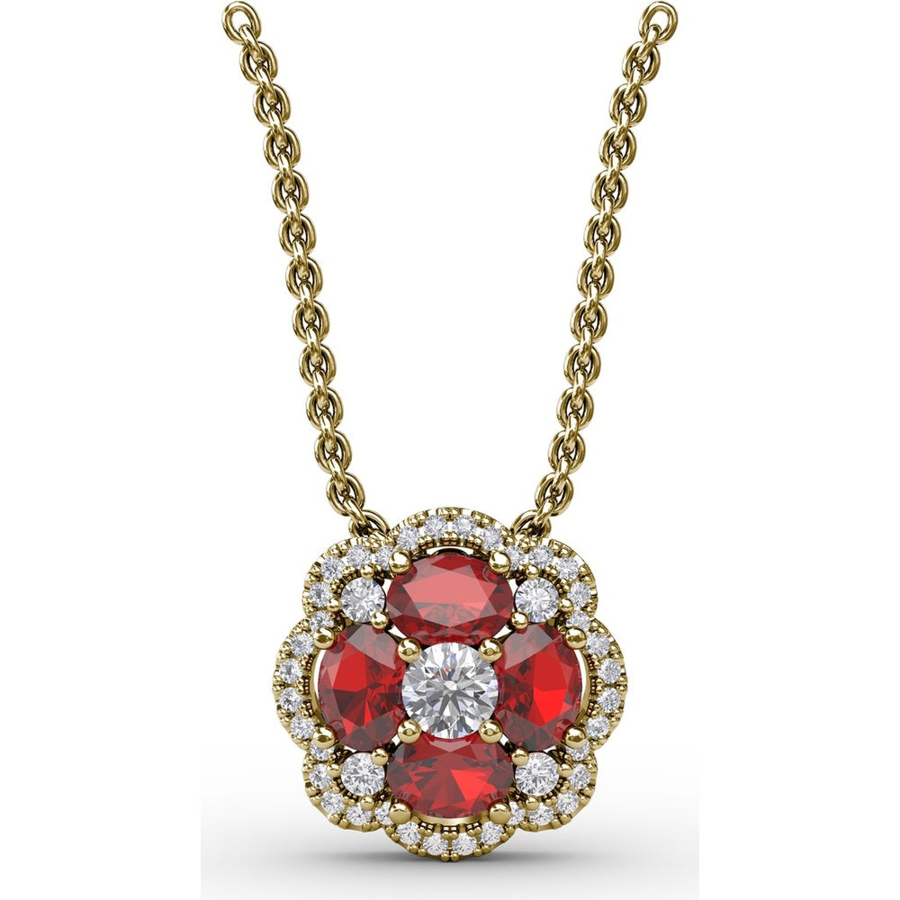Love in Bloom Pendant with Round Ruby Cluster and Pavé Diamond Halo by Fana - 1.25 Carat Total Gemstone Weight