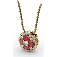 Love in Bloom Pendant with Round Ruby Cluster and Pavé Diamond Halo by Fana - 1.25 Carat Total Gemstone Weight