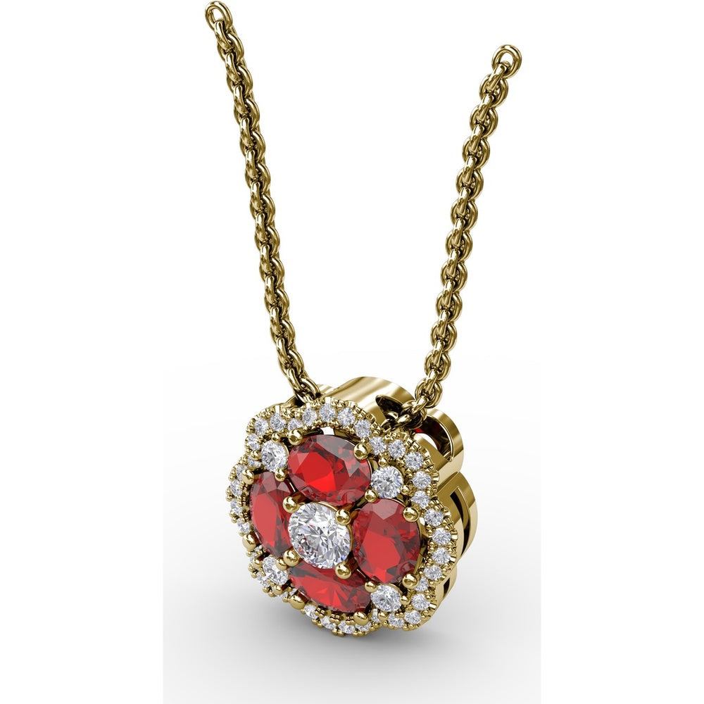 Love in Bloom Pendant with Round Ruby Cluster and Pavé Diamond Halo by Fana - 1.25 Carat Total Gemstone Weight