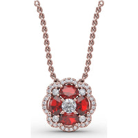 Love in Bloom Pendant with Round Ruby Cluster and Pavé Diamond Halo by Fana - 1.25 Carat Total Gemstone Weight