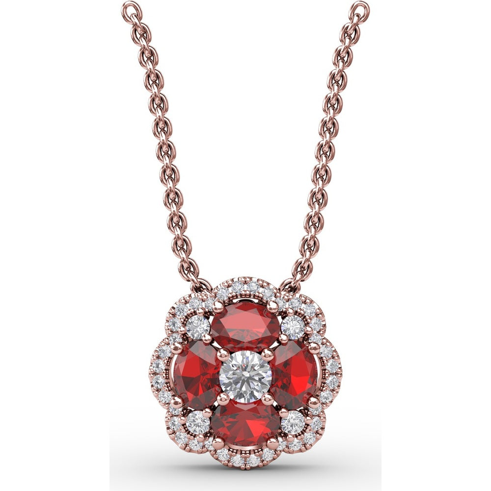 Love in Bloom Pendant with Round Ruby Cluster and Pavé Diamond Halo by Fana - 1.25 Carat Total Gemstone Weight