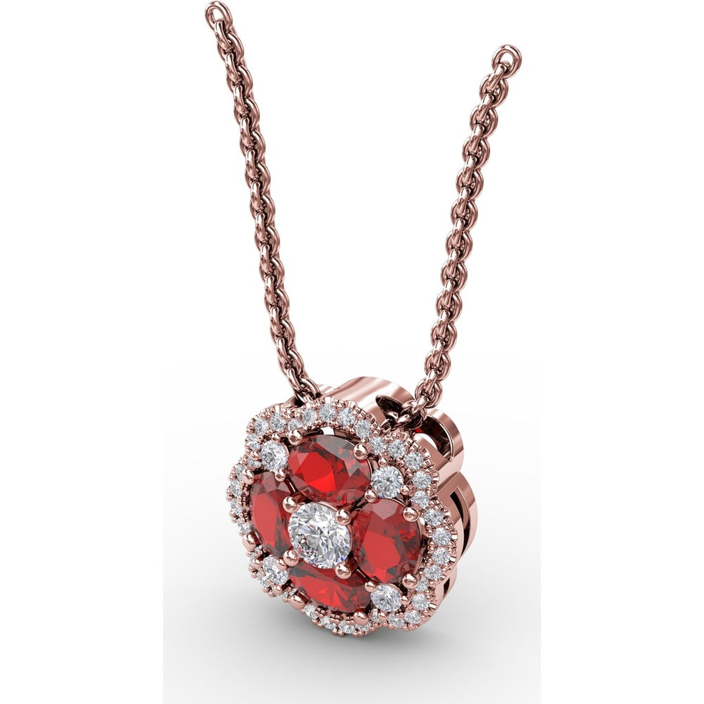 Love in Bloom Pendant with Round Ruby Cluster and Pavé Diamond Halo by Fana - 1.25 Carat Total Gemstone Weight