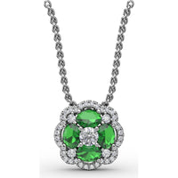 "Love in Bloom" Quatrefoil Pendant with Cushion Cut Emeralds and Diamond Halo by Fana - 0.97 Carat Total Gemstone Weight