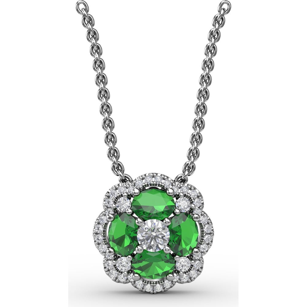 "Love in Bloom" Quatrefoil Pendant with Cushion Cut Emeralds and Diamond Halo by Fana - 0.97 Carat Total Gemstone Weight