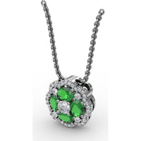 "Love in Bloom" Quatrefoil Pendant with Cushion Cut Emeralds and Diamond Halo by Fana - 0.97 Carat Total Gemstone Weight