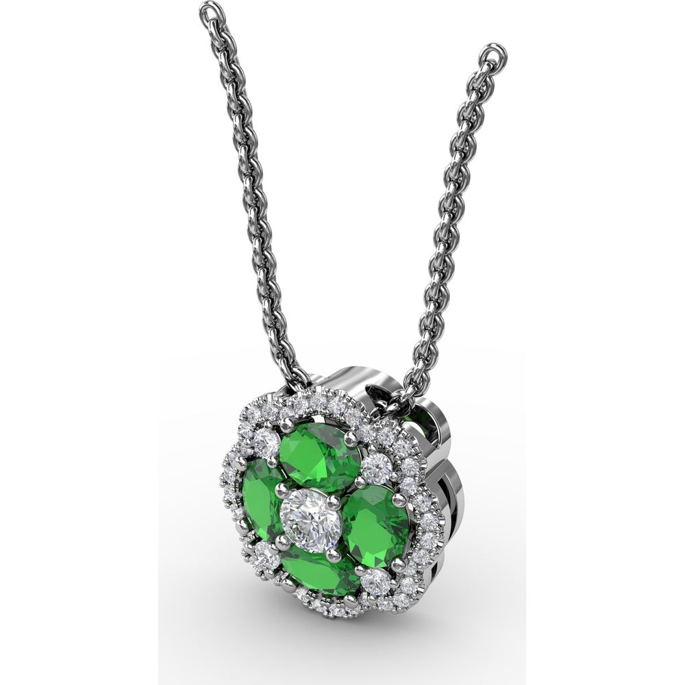 "Love in Bloom" Quatrefoil Pendant with Cushion Cut Emeralds and Diamond Halo by Fana - 0.97 Carat Total Gemstone Weight