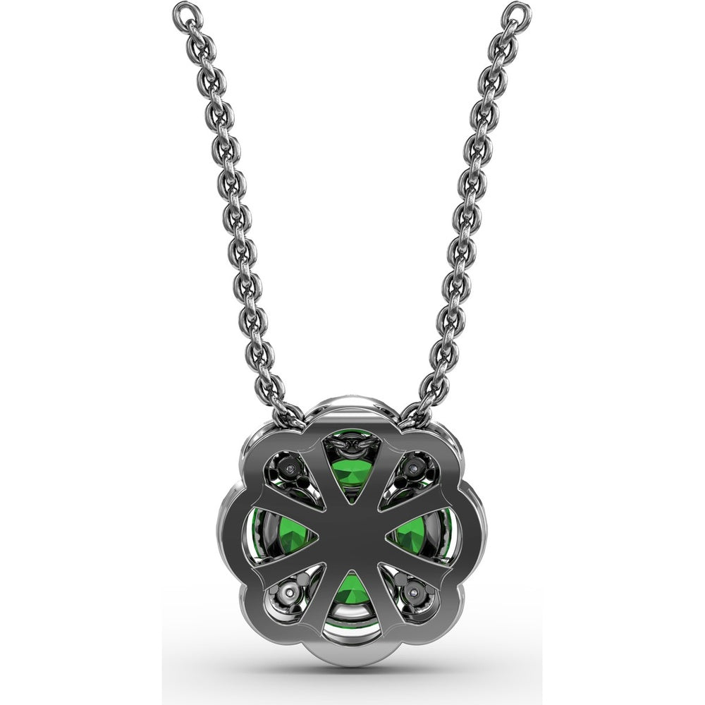 "Love in Bloom" Quatrefoil Pendant with Cushion Cut Emeralds and Diamond Halo by Fana - 0.97 Carat Total Gemstone Weight