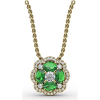 "Love in Bloom" Quatrefoil Pendant with Cushion Cut Emeralds and Diamond Halo by Fana - 0.97 Carat Total Gemstone Weight
