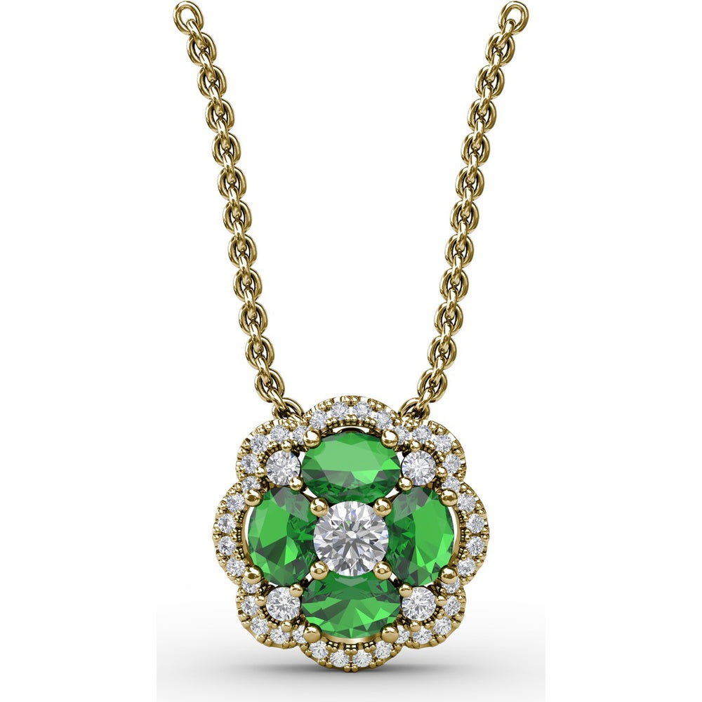 "Love in Bloom" Quatrefoil Pendant with Cushion Cut Emeralds and Diamond Halo by Fana - 0.97 Carat Total Gemstone Weight