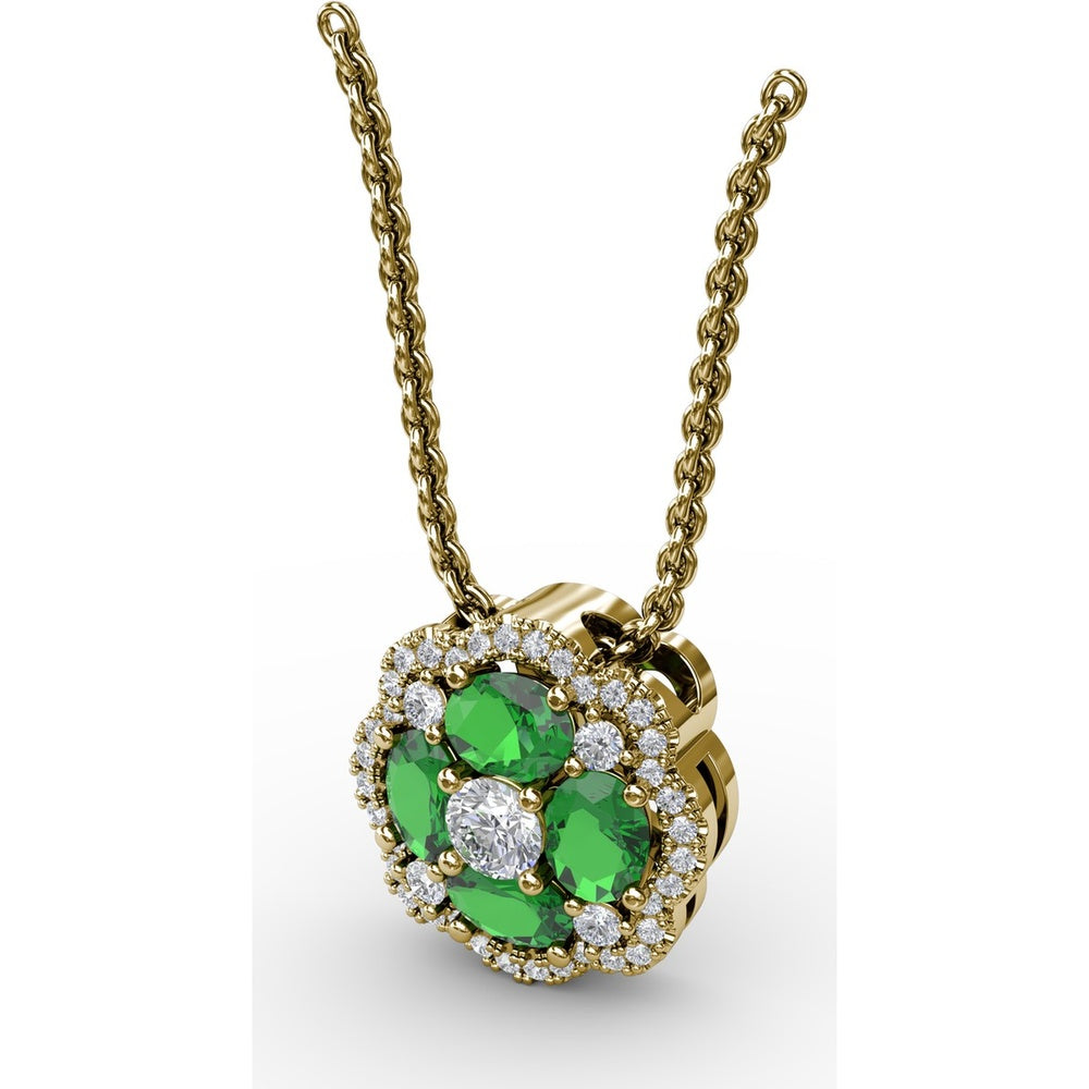 "Love in Bloom" Quatrefoil Pendant with Cushion Cut Emeralds and Diamond Halo by Fana - 0.97 Carat Total Gemstone Weight