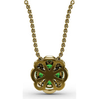 "Love in Bloom" Quatrefoil Pendant with Cushion Cut Emeralds and Diamond Halo by Fana - 0.97 Carat Total Gemstone Weight