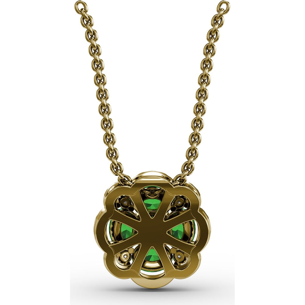 "Love in Bloom" Quatrefoil Pendant with Cushion Cut Emeralds and Diamond Halo by Fana - 0.97 Carat Total Gemstone Weight