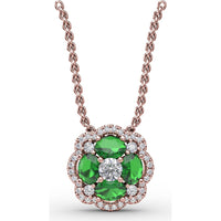 "Love in Bloom" Quatrefoil Pendant with Cushion Cut Emeralds and Diamond Halo by Fana - 0.97 Carat Total Gemstone Weight