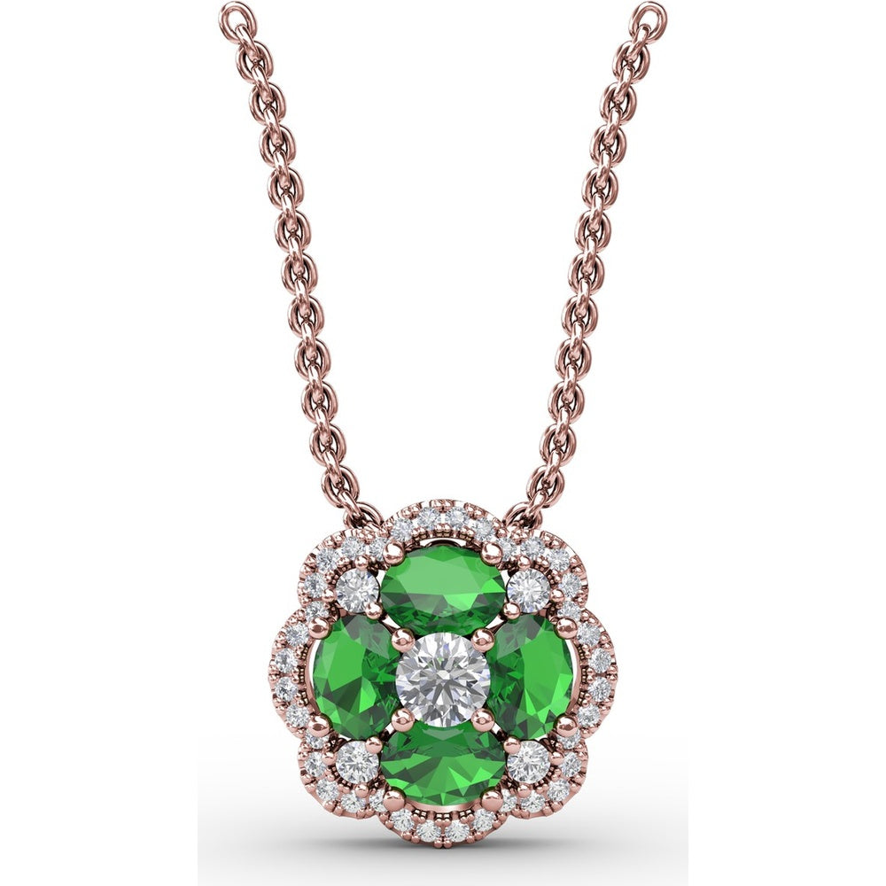 "Love in Bloom" Quatrefoil Pendant with Cushion Cut Emeralds and Diamond Halo by Fana - 0.97 Carat Total Gemstone Weight