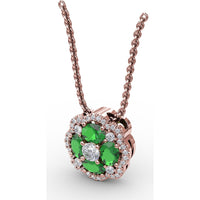"Love in Bloom" Quatrefoil Pendant with Cushion Cut Emeralds and Diamond Halo by Fana - 0.97 Carat Total Gemstone Weight