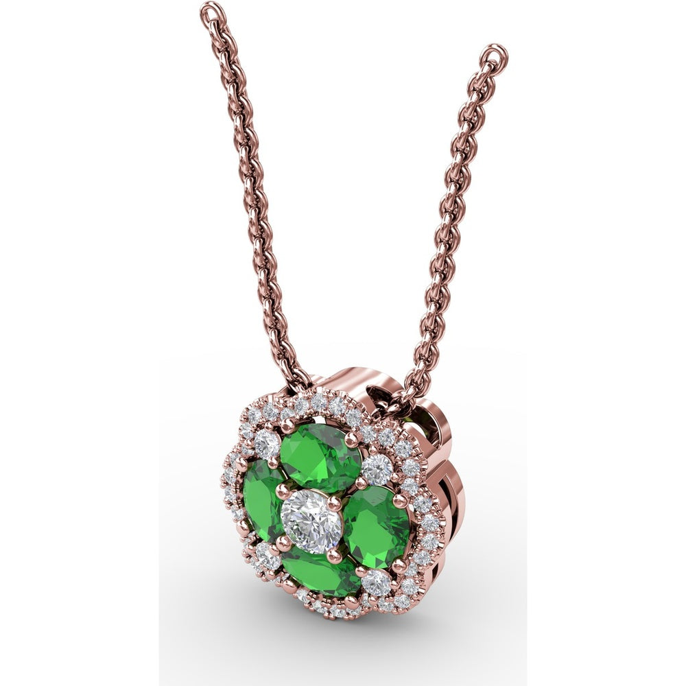 "Love in Bloom" Quatrefoil Pendant with Cushion Cut Emeralds and Diamond Halo by Fana - 0.97 Carat Total Gemstone Weight